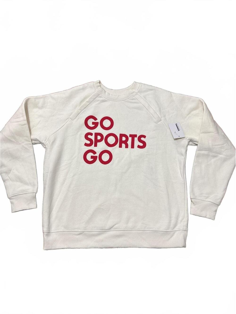 Sonoma White Crewneck Sweatshirt with Red 'GO SPORTS GO' Print, Size Large